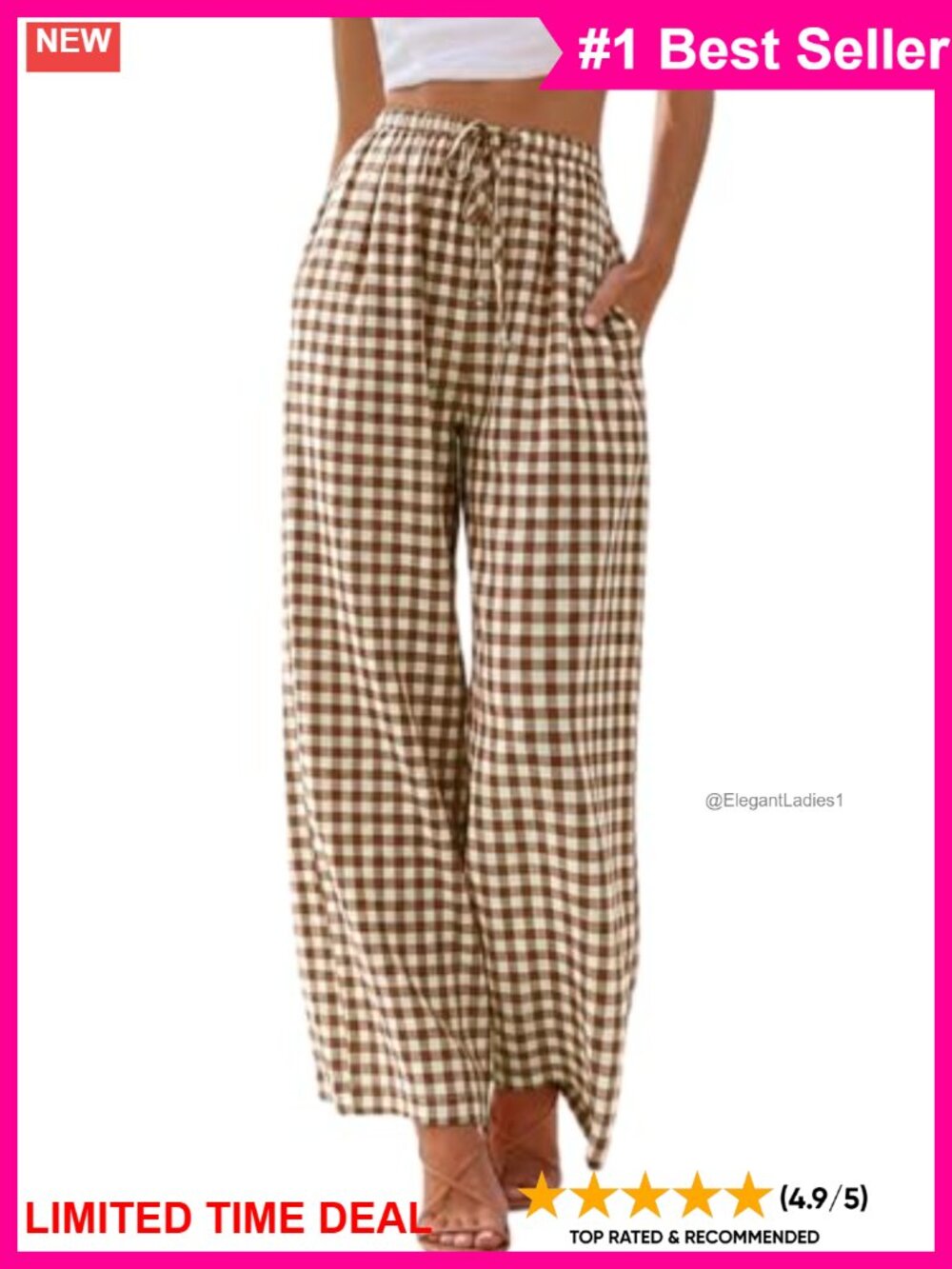 Womens Gingham Wide Leg Palazzo Pants Elastic Waist Cotton